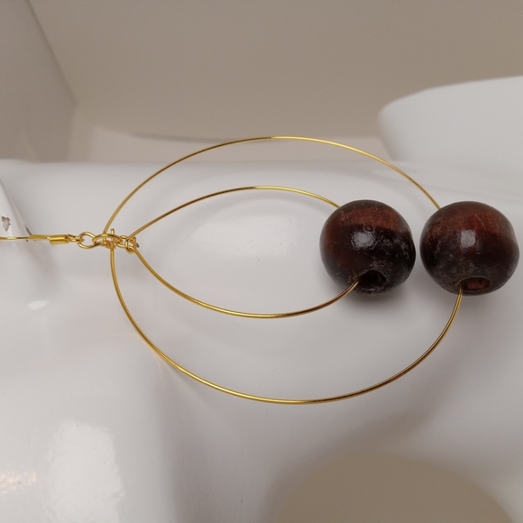 Gold and Brown Minimalist Hoop Earrings - Picture 2 of 5